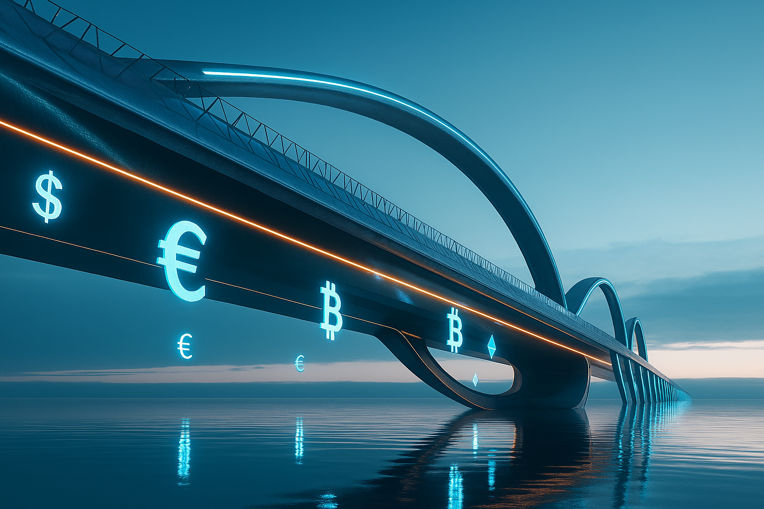 Modern bridge with currency symbols representing PayMatch's role in bridging global financial connections