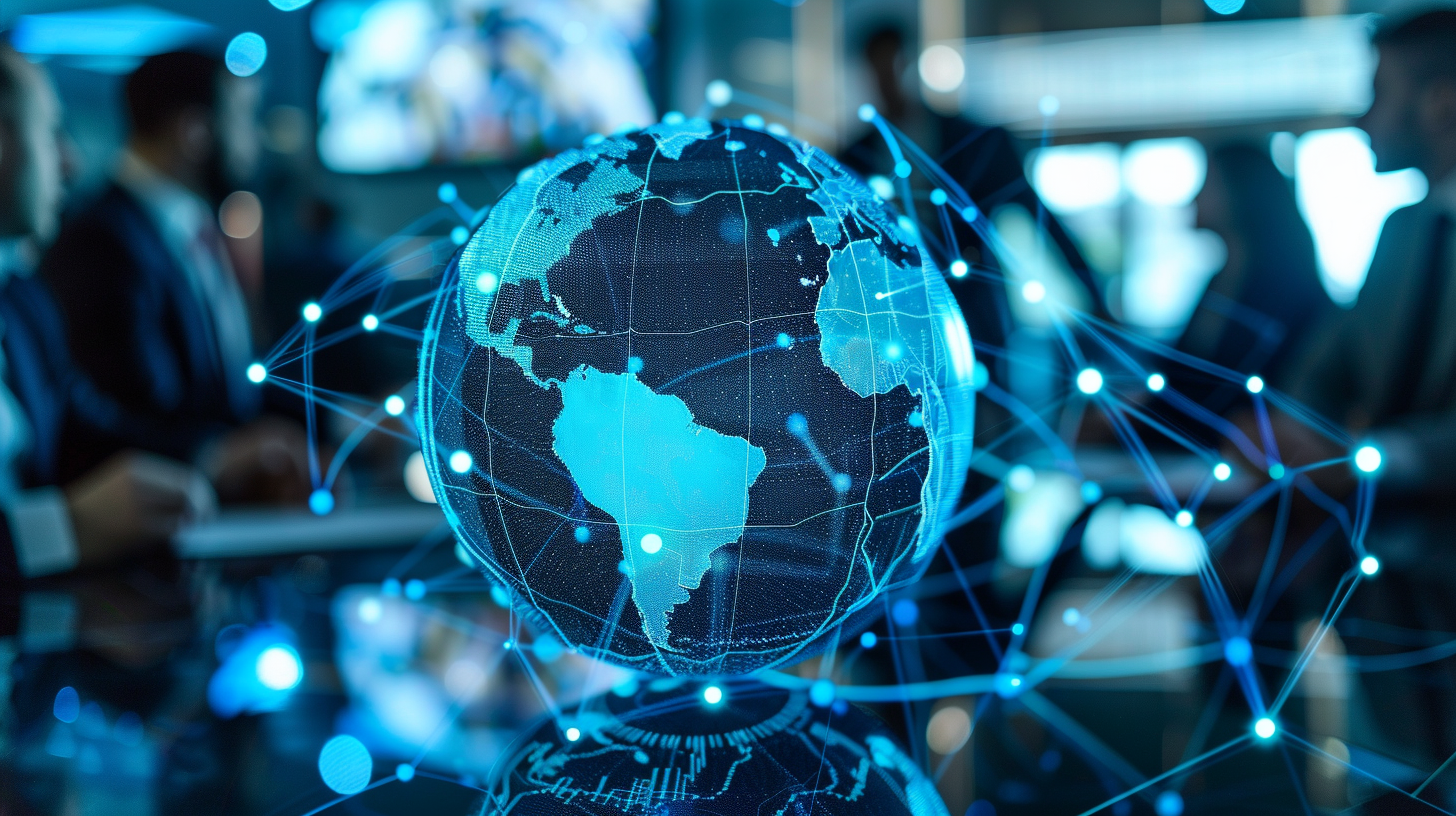 Global tech connectivity with conference background